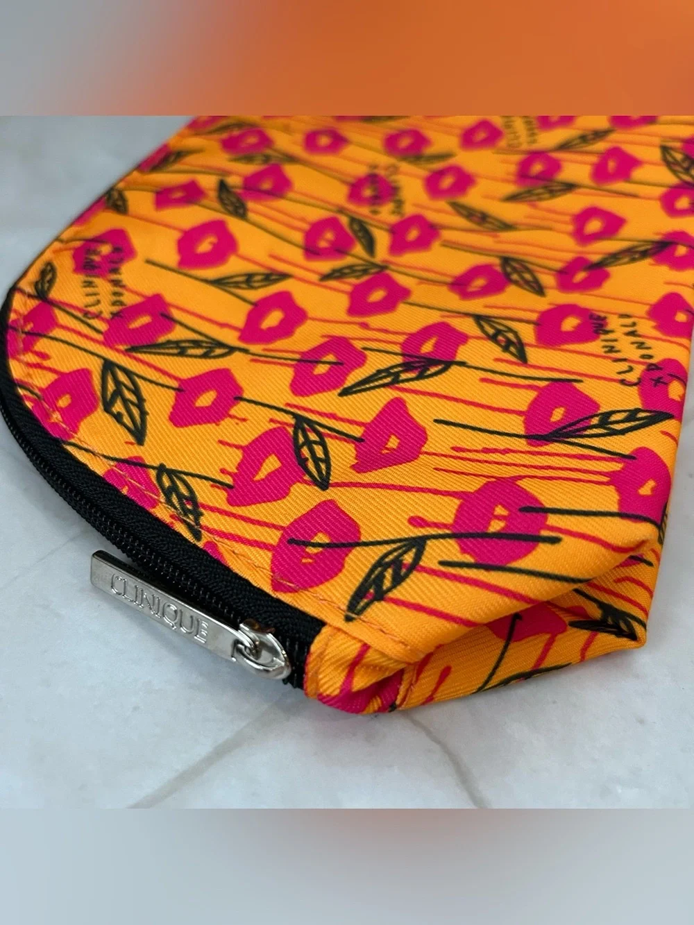 Clinique Orange and Pink Floral Print Cosmetic Bag